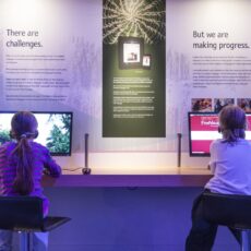This is a photograph showing the backs of two children sitting at chairs, with headphones, using two separate computer kiosks at the Our Living Languages exhibition.