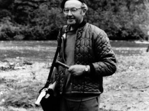 Imbert Orchard, CBC Vancouver radio producer and oral historian, on a field recording trip in Northern British Columbia