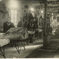 This is a black and white photograph of a military hospital ward at Christmas time in 1915.