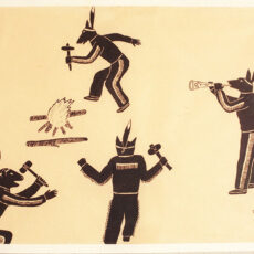 A black and white drawing of four coyotes standing upright around a fire. The coyotes are wearing traditional Nlaka’pamux clothing. The coyote on the right of the image is playing a flute-like instrument while the other three coyotes appear to be dancing around the fire while holding hammers.