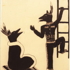 A black and white drawing of two coyotes. The coyote on the left of the image is sitting on a rug on the floor. The coyote is wrapped in a blanket and wearing a Nlaka’pamux headdress. The coyote on the right of the image appears to be waving goodbye to the other coyote as he begins to climb a ladder. This coyote is also wearing traditional clothing of the Nlaka’pamux.