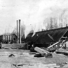Black and white photograph of the Cumberland Sawmill. There are logs at the forefront of the photograph. There are also three buildings in the photograph, one of which has smoke coming out of the roof. There are many trees in the background of the photograph.