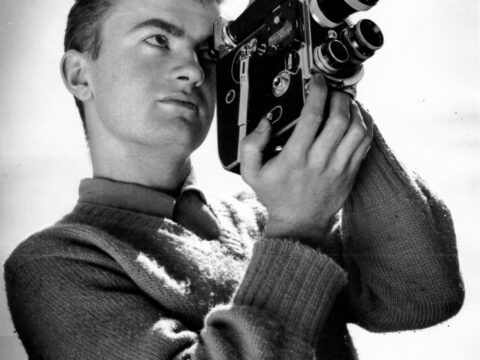 Stanley Fox with Bolex movie camera, 1947