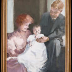 An oil painting of a happy mother and father holding their baby in a sunny room.