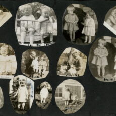 One page from a black and white photo album with twelve photos of two small children, a boy and a girl, in different poses. There are dates from the mid-1920s written on some of the pictures.