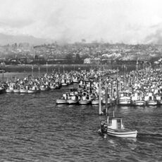 A black and white photograph showing many fishing boats tied up at docks in the water.