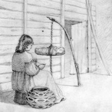Pencil drawing of a First Nations woman knitting. In front of her there is a baby in a carrier that is suspended from a rope a short distance above the ground.