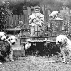 Une photo en noir et blanc de l’artiste Emily Carr, dans son jardin, avec trois chiens, deux chats et deux cages à oiseaux dont l’une contient un perroquet.