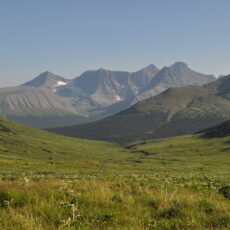 A green tundra slope surrounded by mountains.