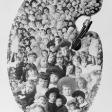 Black-and-white image of a collage of children portraits on a painter’s palette.
