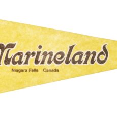 A yellow triangle flag with the whale in a top hat and bowtie, pointing at the Marineland logo.
