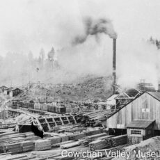 A lumber mill with smoke stacks running and piles of processed lumber in front.