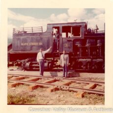 A faded colour photo of three men posing with a train engine. Two stand on the ground near the tracks, one from inside the train.