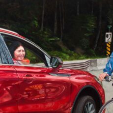 Oil painting of a Vietnamese Canadian man on his bike on a forested road. He is a few feet away opposite a Vietnamese Canadian woman looking out from the passenger side of a red car with the window down.
