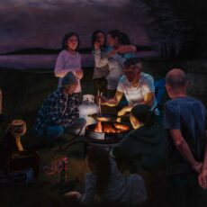 Oil painting of nine Vietnamese Canadians at a campsite at night. Most of them are sitting or standing around propane gas fire pit, with one man carrying chopsticks and cooking dinner. A monkey is sitting on the left, and in front of it is an open Cheezies bag on the ground.