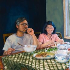 Oil painting of a Vietnamese Canadian father and daughter sitting on one side of the family table eating dinner. They both have pensive expressions, the daughter looking toward her father, and the father looking to the side of the table.