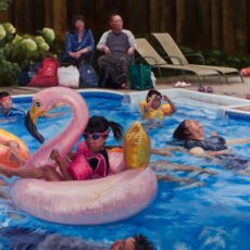Oil painting of a Vietnamese Canadian family having a pool party