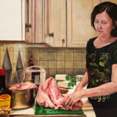 Oil painting of a Vietnamese Canadian immigrant cutting up a turkey in her kitchen.