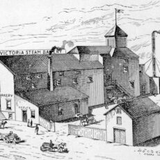 Sketch of large factory in the late 1800s. The image includes people with horse and carriage out front and a two-masted ship docked at a wharf in the background.