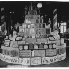 An eight level, ornate display of goods from a biscuit company.