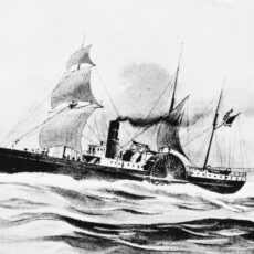 Illustration of a ship on the water at sail, three sails on the front mast, steam or smoke coming from a stack, and a water wheel at the side of the boat.