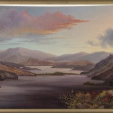 A painting of a lake surrounded by mountains.