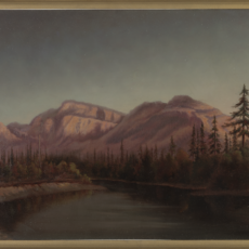 Painting of mountain in the background, lake in the foreground.